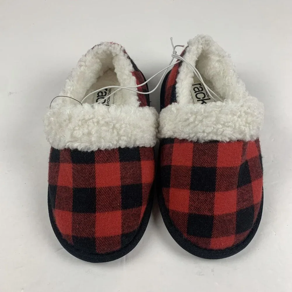 Nordstrom Rack Faux Shearling‎ Slippers Kid's 11/12 Red Bloom Buffalo Plaid 8009